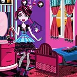 En illustration af en pige i et farverigt værelse med punk-inspireret tøj, omgivet af pink og blå møbler og dekorationer med kraniemotiver