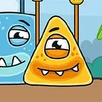 To animerede figurer, en blå firkantet og en gul trekantet, smilende sammen i en tegnet scene