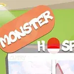 Skilt med teksten MONSTER HOSPITAL på en grøn væg med et rødt og hvidt emblem