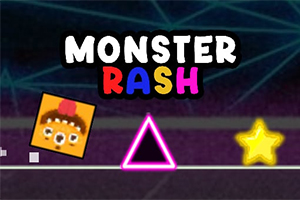 Tegning af et farverigt ansigt i en firkant, en pink trekant, en gul stjerne og teksten MONSTER RASH på en mørk baggrund
