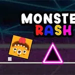 Tegning af et farverigt ansigt i en firkant, en pink trekant, en gul stjerne og teksten MONSTER RASH på en mørk baggrund