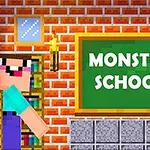 To figurer i blokkstil står foran en tavle med teksten Monster School i et murstensrum