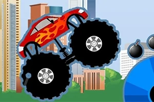 Rød monstertruck med flammer på siden kører gennem en by med skyskrabere i baggrunden
