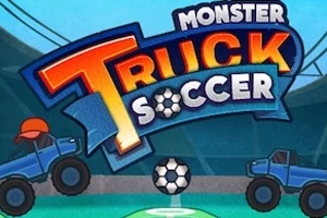 To blå monstertrucks spiller fodbold med en stor bold under en farverig titel i en stadionbaggrund