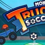 To blå monstertrucks spiller fodbold med en stor bold under en farverig titel i en stadionbaggrund