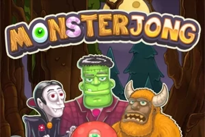 Tegning af tre monstre: en vampyr med rød kappe, en grøn Frankenstein-figur, og et behåret monster med horn foran en skovbaggrund, med teksten Monsterjong øverst