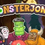 Tegning af tre monstre: en vampyr med rød kappe, en grøn Frankenstein-figur, og et behåret monster med horn foran en skovbaggrund, med teksten Monsterjong øverst