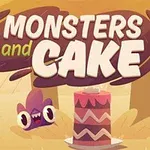 Tegnet monster med store øjne ved siden af en rød kage med zigzag-mønster, omgivet af træer og brun tekst