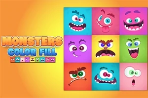 Farverige tegneserieagtige monsteransigter i et 3x3 gitter på en orange baggrund med teksten Monsters Color Fill