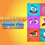 Farverige tegneserieagtige monsteransigter i et 3x3 gitter på en orange baggrund med teksten Monsters Color Fill