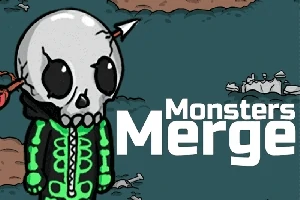 Tegneseriefigur med et kraniet hoved og pile i hovedet står foran teksten Monsters Merge på en mørk baggrund