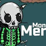 Tegneseriefigur med et kraniet hoved og pile i hovedet står foran teksten Monsters Merge på en mørk baggrund