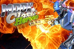 Robot med et futuristisk våben foran en baggrund af flammer og teksten Moon Clash Heroes