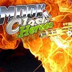 Robot med et futuristisk våben foran en baggrund af flammer og teksten Moon Clash Heroes