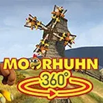 En tegnet hund står foran en vindmølle med flere flyvende objekter omkring den, og teksten Moorhuhn 360° pryder forgrunden