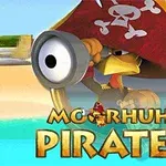 En tegneseriekylling med pirathat sigter med en kanon på en strandbaggrund, med teksten Moorhuhn Piraten foran