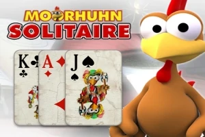 En tegneseriekylling ved siden af tre spillekort, konge, es og knægt, med teksten Moorhuhn Solitaire øverst