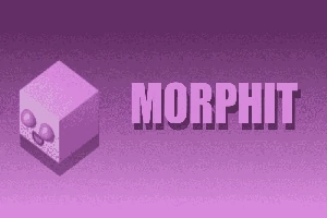 Et lilla kubistisk ansigt med et smilende ansigt ved siden af teksten MORPHIT på en gradient lilla baggrund