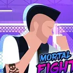 En tegnet karakter med sort hanekam og en tatovering på armen i en kampholdning foran et metalhegn med teksten Mortal Cage Fighter i forgrunden