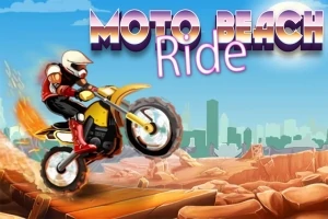 En motorcyklist med hjelm kører på en gul motorcykel over en rampe i et ørkenlandskab, med en bysilhuet i baggrunden og teksten Moto Beach Ride i toppen