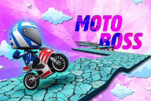 En tegneseriefigur på motorcykel kører på en krakeleret vej i en farverig, skyfyldt baggrund med teksten Moto Boss