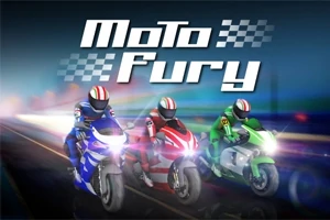 Tre motorcyklister i farverige dragter racer fremad på en vej med teksten Moto Fury øverst