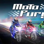 Tre motorcyklister i farverige dragter racer fremad på en vej med teksten Moto Fury øverst