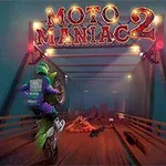 En motorcyklist i grøn og lilla dragt kører hen over en bro under en oplyst skiltning med teksten Moto Maniac 2