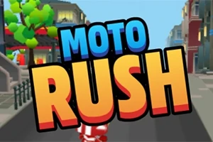 Stor farverig tekst med ordene Moto Rush over en bybaggrund med veje og træer