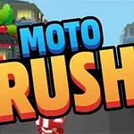 Stor farverig tekst med ordene Moto Rush over en bybaggrund med veje og træer