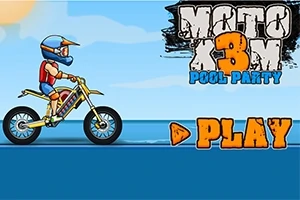 En tegneseriekarakter på en motorcykel i et farverigt, tegneserieagtigt landskab med teksten Moto X3M Pool Party og en stor PLAY knap
