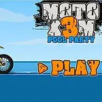 En tegneseriekarakter på en motorcykel i et farverigt, tegneserieagtigt landskab med teksten Moto X3M Pool Party og en stor PLAY knap