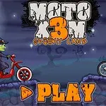 En tegneseriehekser og en figur med et græskarhoved på motorcykler står overfor hinanden under en fuldmåne med teksten Moto X3M Spooky Land og en Play knap i forgrunden