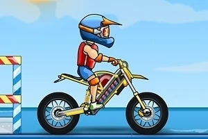 En tegnet motorcyklist med hjelm og sikkerhedsudstyr kører på en gul motorcykel mod en blå himmel med bløde skyer