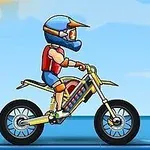En tegnet motorcyklist med hjelm og sikkerhedsudstyr kører på en gul motorcykel mod en blå himmel med bløde skyer