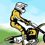 En tegneserieillustration af en motocrossrytter iført gul dragt og hvid hjelm, der kører på en dirtbike mod en blå himmelbaggrund