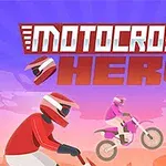 Tre motorcykelryttere i farverige dragter kører gennem en ørken, med titlen MOTOCROSS HERO i baggrunden