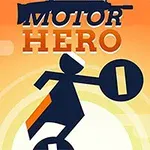 En stiliseret, geometrisk figur kører på en enhjulet motorcykel foran en solnedgang med tekst øverst