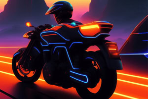 En futuristisk motorcykel med neonlys kører langs en oplyst vej under en farverig solnedgang
