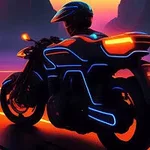 En futuristisk motorcykel med neonlys kører langs en oplyst vej under en farverig solnedgang