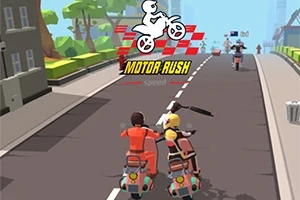 To motorcyklister kører side om side på en byvej med et logo øverst i midten