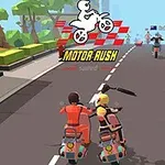To motorcyklister kører side om side på en byvej med et logo øverst i midten