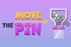 Farverige bolde i en tragt ved siden af teksten MOVE THE PIN på en lilla og blå gradient baggrund