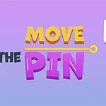 Farverige bolde i en tragt ved siden af teksten MOVE THE PIN på en lilla og blå gradient baggrund