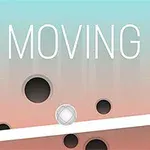 En kuglebalancerende bjælke med flere sorte huller på en gradient baggrund i blå og orange med teksten MOVING UP