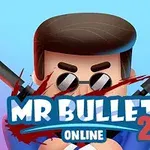 Tegneseriefigur med solbriller og to pistoler, samt teksten MR BULLET 2 ONLINE over en blå og lyserød baggrund