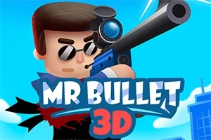 En tegneseriefigur med solbriller og et stort gevær peger fremad, med teksten MR BULLET 3D i forgrunden og blå himmel samt bygninger i baggrunden