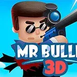 En tegneseriefigur med solbriller og et stort gevær peger fremad, med teksten MR BULLET 3D i forgrunden og blå himmel samt bygninger i baggrunden