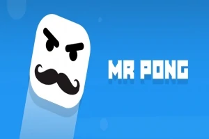 Et hvidt ansigt med et sort overskæg og vrede øjenbryn på en blå baggrund med teksten MR PONG