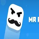 Et hvidt ansigt med et sort overskæg og vrede øjenbryn på en blå baggrund med teksten MR PONG